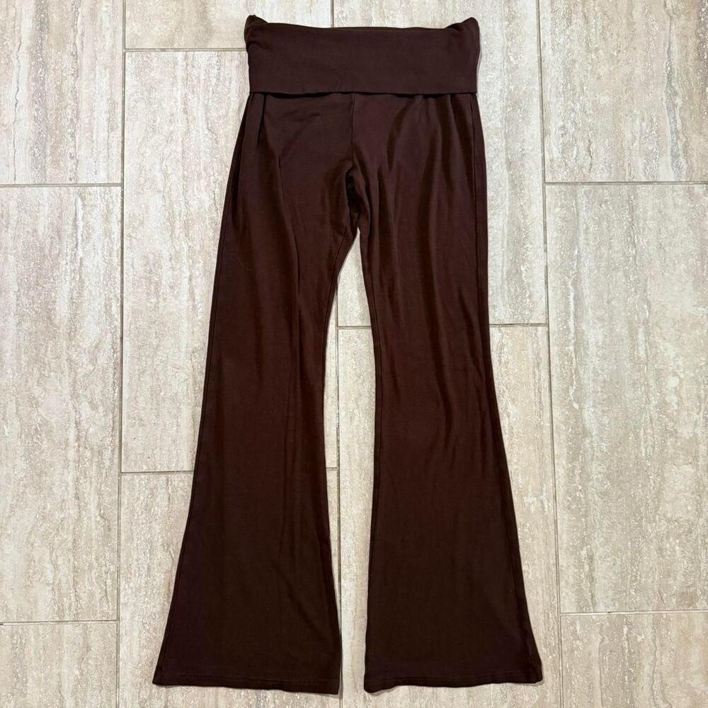 Brown Fold over flare pants leggings sz M Y2K style gym yoga workout loungewear